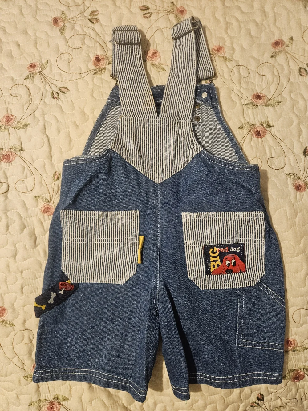 Vintage Clifford Denim Kids Overalls Shorts - Blue with Red Dog Patch Y2K